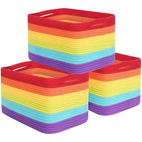 MINTWOOD Design 3-Pack Storage Baskets for Shelves, Playroom and Classroom Storage Basket, Book Basket, Decorative Storage Cube Bins, Woven Closet Organizers, Nursery Baskets, Rainbow Cover