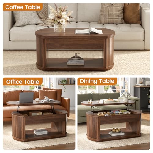 FABATO Oval Lift Top Coffee Table with Storage, Mid Century Modern Coffee Table for Living Room, 2 Tier Center Table with Lift-Top, 41.7" Fluted Wood Table for Reception Room, Home Office, Walnut