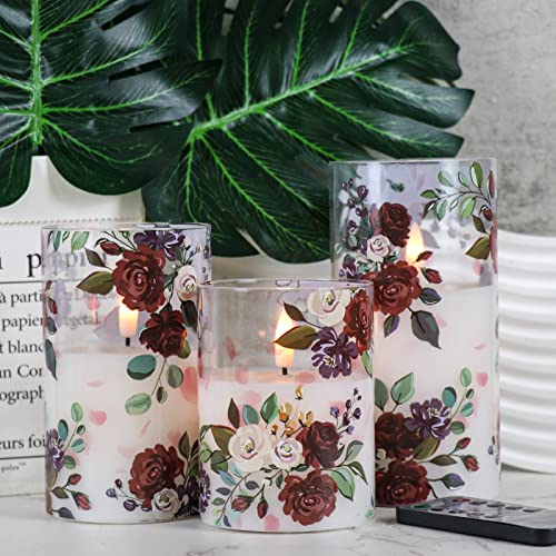 Image of Battery Operated Glass Flameless Candles with Remote and Timer Real Wax 3D Wick Flickering Rose LED Pillar Candles Wedding Dinner Christmas Holiday Decor D3 x H4, 5 inch, 6 inch