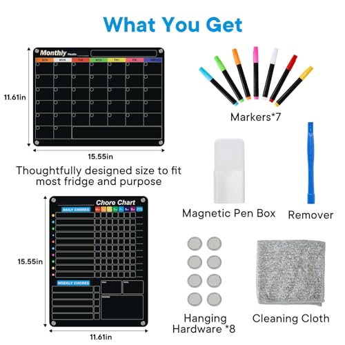 Image of Black Magnetic Acrylic Dry Erase Calendar for Fridge, Monthly & Weekly /Chore Chart Planning Board Set for Kids /Adults /Teens, Includes 7 Colorful Markers, 16 inchx12 inch