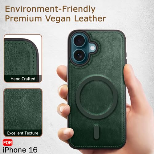 Image of TheGiftKart Genuine Leather Finish Back Cover Case for iPhone 16 | Shockproof Design | Raised Edges for Camera & Screen Protection | Stunning Minimalist Design Case Cover (Compatible MagSafe, Green)