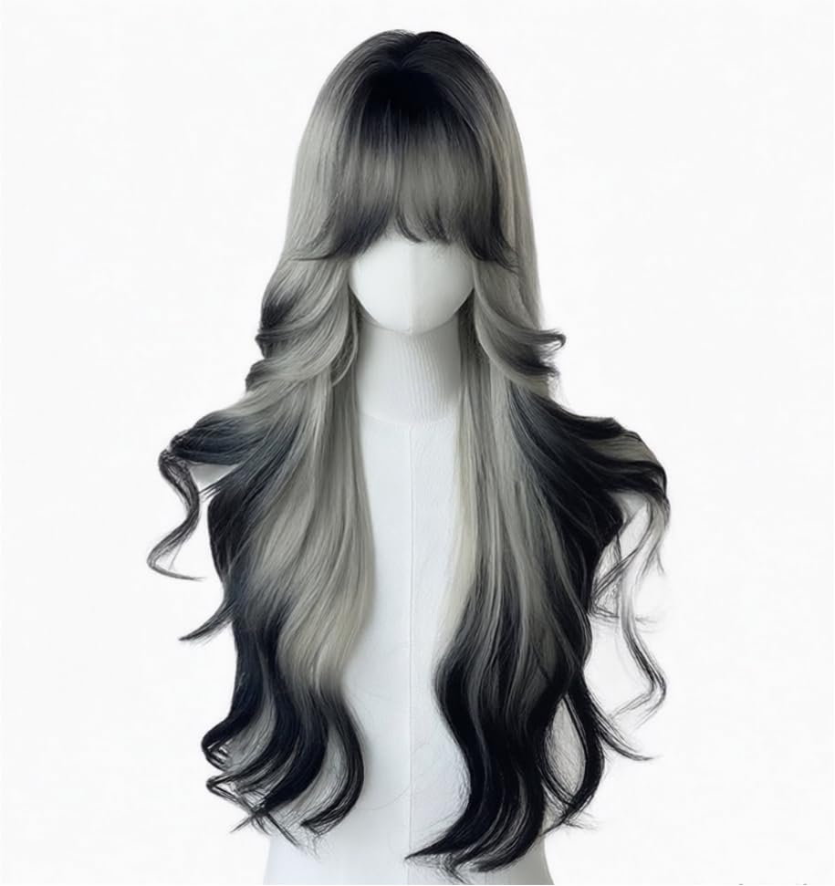 GUKAIIIZLDFGL Black White Ombre Long Wavy Wig for Women Lolita Synthetic Curly Hair Wig with Bangs Natural Looking Heat Resistant Wigs for Daily Use