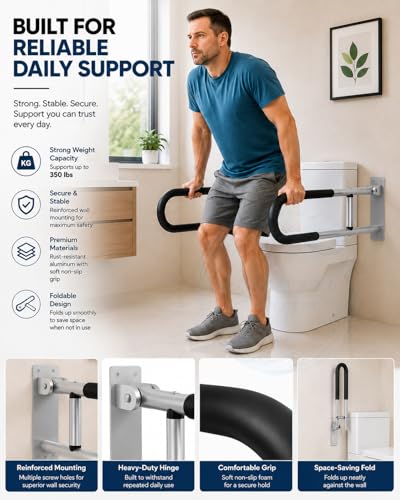 Image of BATH GURU Foldable Aluminium Toilet Grab Bar for Elderly & Disabled, Wall Mounted Bathroom Safety Rail with Soft Nylon Anti-Slip Grip, Heavy Duty Handicap Support Handle for Senior Citizens Pack of 2