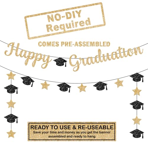 Image of Glitter Happy Graduation Banner - No DIY, Pre-Strung | Happy Graduation Sign for Grad Party Decorations 2026 | Black and Gold Graduation Decorations 2026 - Katchon