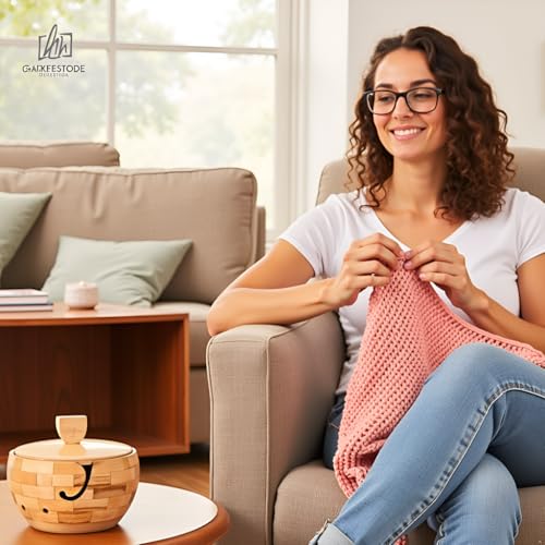 Image of Wooden Large Yarn Bowl with Lid (7.5x4.5) - Yarn Holder with Cover for Crocheting & Knitting - Crochet Bowl with Handle & Hooks - Gift for Crafters