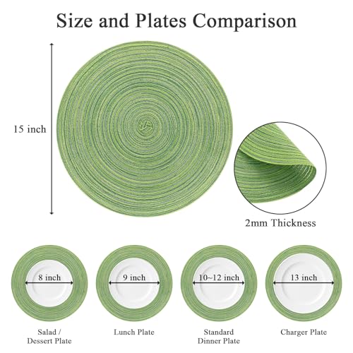 Image of SHACOS Round Placemats Set of 8 Washable 15 inch Round Table Mats Braided Non Slip Fabric Place Mats for Dining Table Indoor Outdoor (Mixed Color Pea Green, 8)