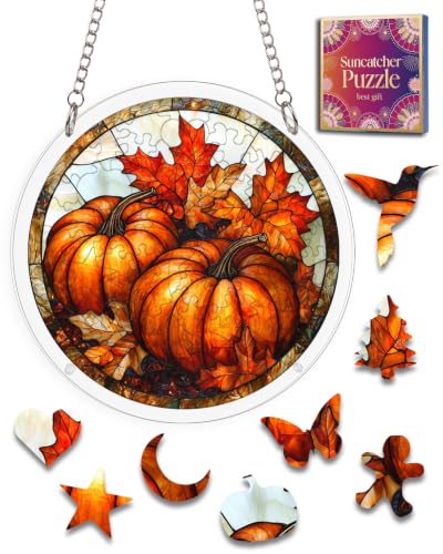 Image of Acrylic Jigsaw Puzzle Suncatcher Maple Leaf Pumpkin Adult Puzzles Gift 6.3 inch