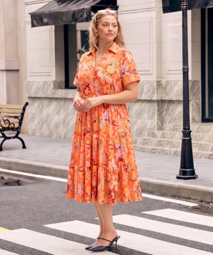 Image of CARCOS Plus Size Dresses for Curvy Women Collared Vneck Short Sleeve Dresses Midi Summer Ruffle Dress with Pocket XL-5XL