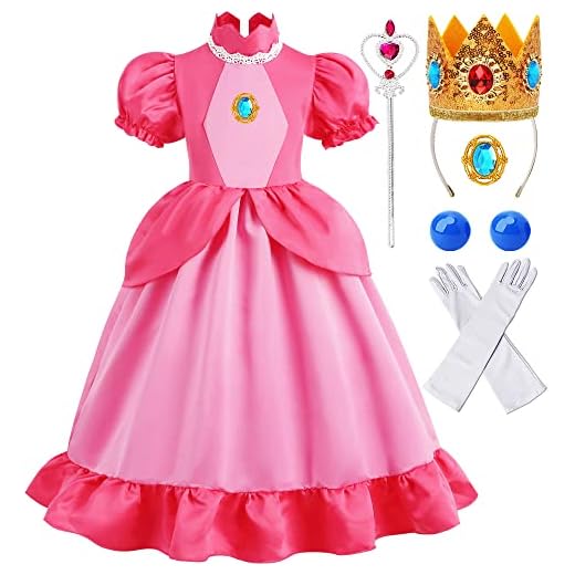 Oskiner Princess Peach Costume for Girls,Super Bros Kids Princess Peach Dress Halloween Cosplay Outfit with Accessories (4-5Years)