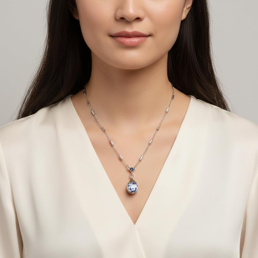 1928 Jewelry Blue Willow Round Beaded Crystal Accent Drop Pendant Necklace 16" + 3" Extender For Women, Vintage Romantic Chinese Ceramic And Porcelain Love Story Inspired Design, Made In USA