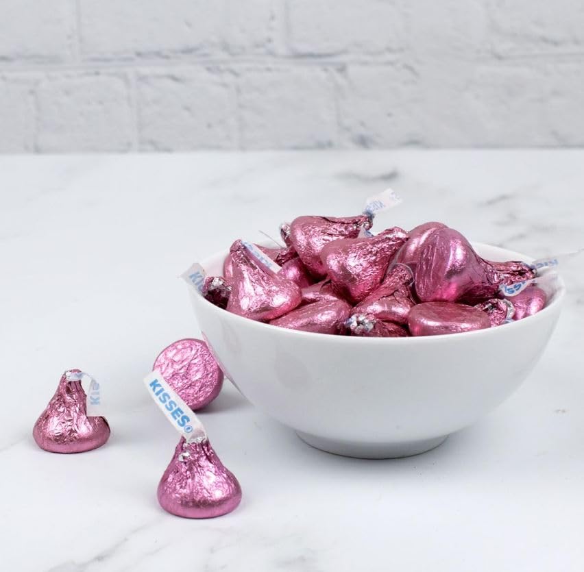 Hershe.ysKISSES Milk Chocolate Candy 3 lbs (48 oz) Solid Milk Chocolate Kisses In PINK Foil Wrap, Easter Candy Approx 300 Pieces Pink Foil Wrapped Candies
