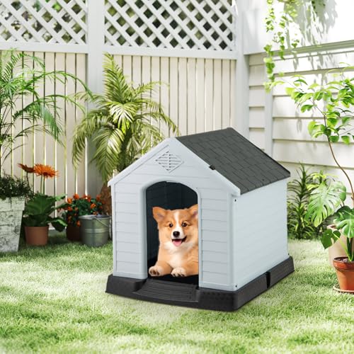 GYMAX Outdoor Hundehütte mit Schrägdach & erhöhtem Boden, Hundehaus aus Kunststoff, Wetterfeste Hundehöhle im Landhausstil (Grau + Schwarz, 72,5 x 66 x 70,5 cm)