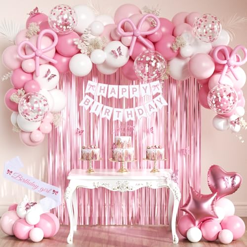 Geburtstagsdeko Rosa mit Schleifen Deko Geburtstag Happy Birthday Banner Luftballons Schärpe Vorhang - Premium Wiederverwendbare Geburtstagsdeko Party Supplies