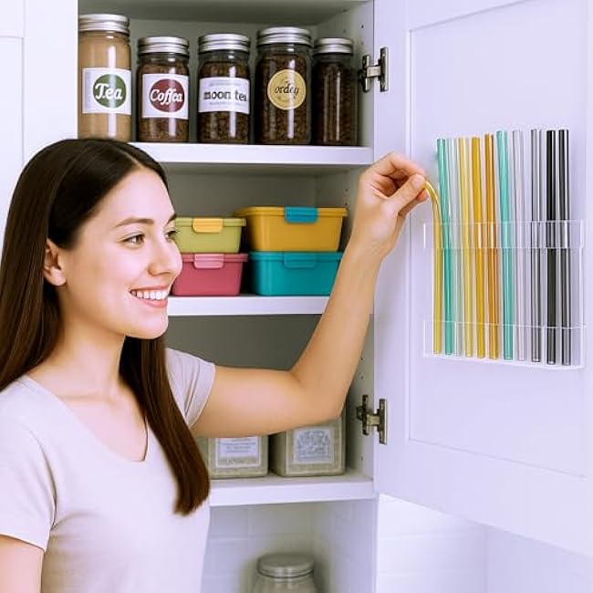 Acrylic Straw Holder for Cabinet Door or Countertop - Clear Organizer & Dispenser with Stickers for Reusable Tumbler Straws, Space-Saving Kitchen Accessories Container, Cupboard Storage