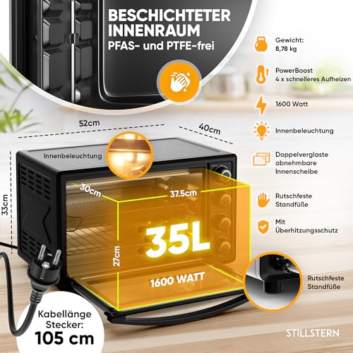 Stillstern Minibackofen mit Umluft 35L (DE Version) Pizza Ø28, CYCLONE PRO+ Antihaftbeschichtung, Auftauen, 2h Timer, Camping Mini Backofen Umluft Pizzaofen Mini Ofen klein Hähnchengrill mit Drehspieß – Bild 4