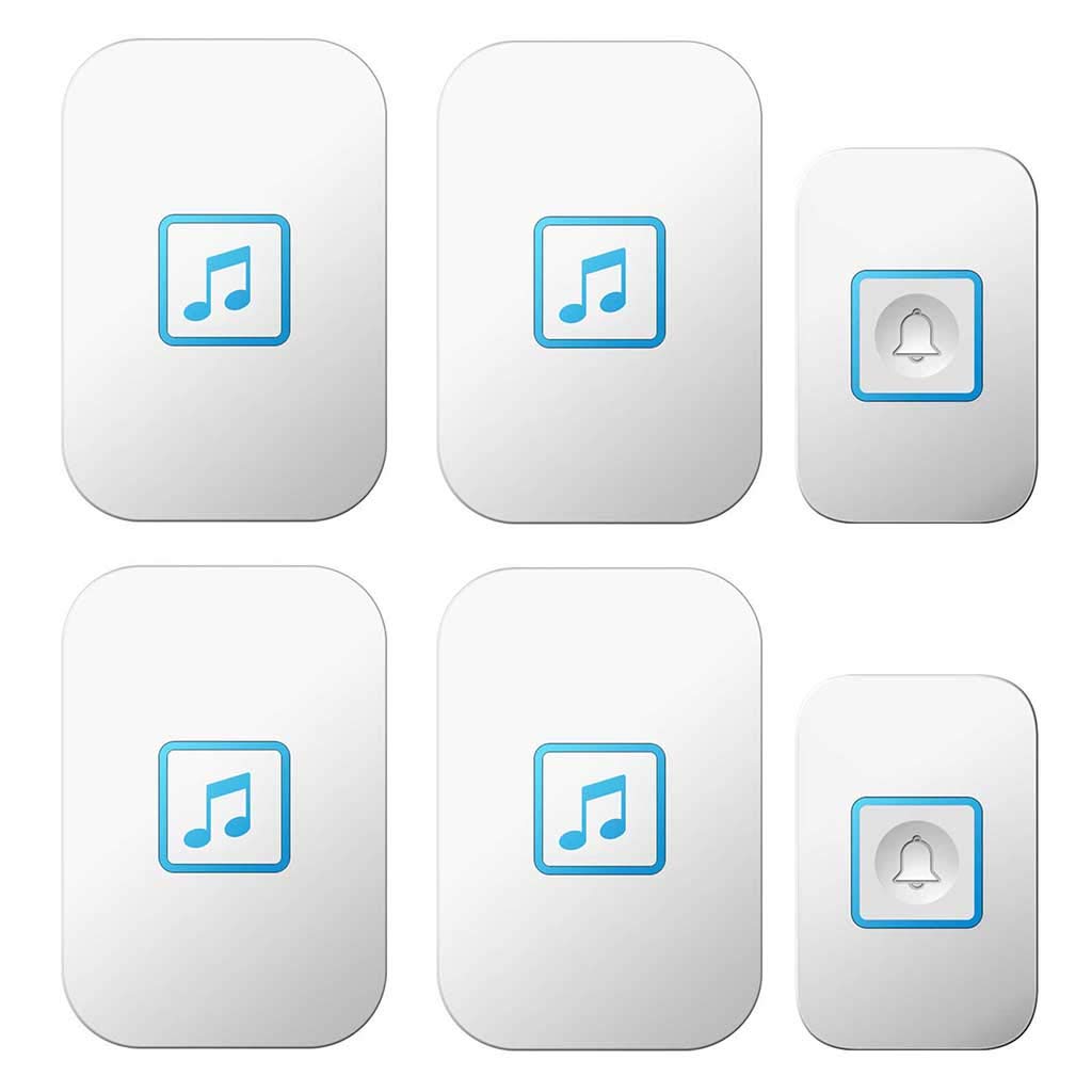 Sonnette sans fil étanche, LED clignotante Rappel / 60 sonneries musicales auto-alimentées, 2 émetteurs et 4 récepteurs, portée de transmission de 300 m, 5 niveaux de volume, blanc