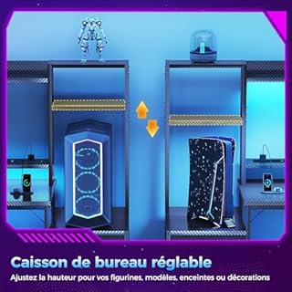 Coleshome Bureau Gaming avec Étagère et Tiroirs, Bureau Gamer avec Éclairage LED & Prise Intégrée, Table Ordinateur avec Tablettes de Rangement & Support Moniteur (Noir Fibre de Carbone, 137×48 cm)