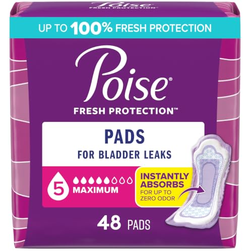 Image of Poise Incontinence & Postpartum Pads for Bladder Leaks, 5 Drop Maximum Absorbency, Regular Length, 48 Count, Packaging May Vary