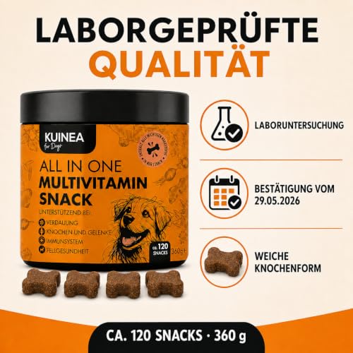KUINEA® Multivitamin Snack für Hunde – All in One Vitamine als Leckerli – ca. 120 Snacks (360 g) – Ergänzungsfuttermittel mit Vitaminen & Mineralstoffen – ab 6 Monaten (1er Pack)