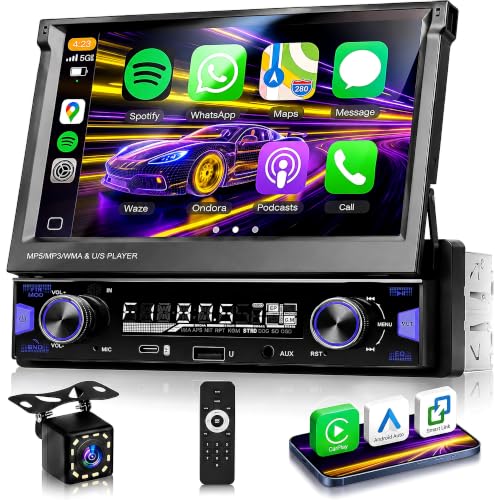 Driauto 7 inch Single Din Touch Screen Car Stereo Flip Out Wireless CarPlay Android Auto 1 Din Car Radio with Bluetooth with RDS AM FM Radio Car Audio Receiver Mirror Link Type-C/USB/AUX+ Backup Cam
