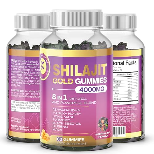 Shilajit Gummies 8-in-1 Blend - Ashwagandha Manuka Honey Maca Root Ginseng Turmeric Lions Mane Black Seed Oil - High Strength 60 Gummies
