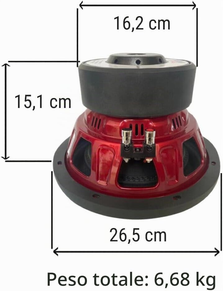 KIT SET PER AUDIO SYSTEM ASY10, 1 subwoofer da 25 cm 10" diametro, doppia bobina, dual voice coil, 2+2 ohm, 500 watt rms 1000 watt max, 1 pezzo