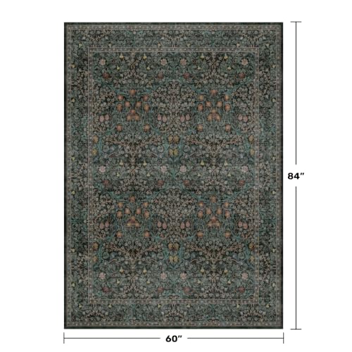 Image of Dark Green Floral Living Room Rug 5x7 Area Rug - Vintage Forest Washable Mat for Dining Room, Bedroom, Low Pile Non Slip Stain Resistance Distressed Retro Indoor Boho Carpet (5x7 Dark Green)