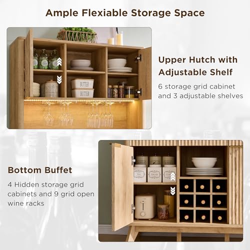 OKD 72" Tall Wine Bar Cabinet with Storage Hutch, Modern Wood Fluted Coffee Bar Cabinet with LED Lights and 10 Tier Storage Shelf & 9 Grid Wine Glass Rack for Home Dining Room Kitchen (Natural Oak) - Image 4