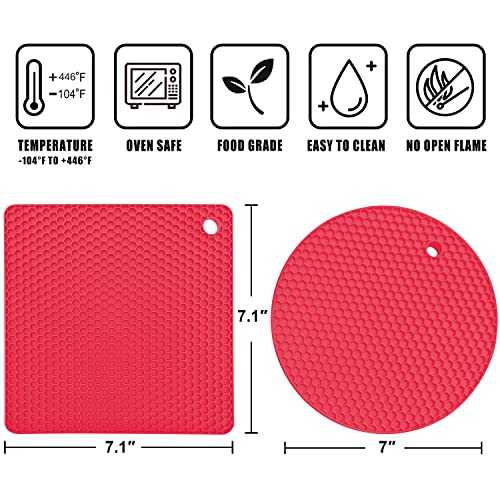 Image of Walfos Silicone Trivet Mats - 4 Heat Resistant Pot Holders, Multipurpose Non-Slip Hot Pads for Kitchen Potholders, Hot Dishers, Jar Opener, Spoon Holder, Food Grade and BPA Free (Red)