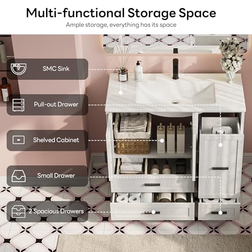 LIKIMIO 36\" Bathroom Vanity with Sink, Hair Tool Drawer, 4 Solid Legs, 4 Drawers 2 Doors, Modern Freestanding Wooden Bathroom Cabinet with Undermount Upgraded SMC Sink, Quick Assembly, White - Thumbnail 4