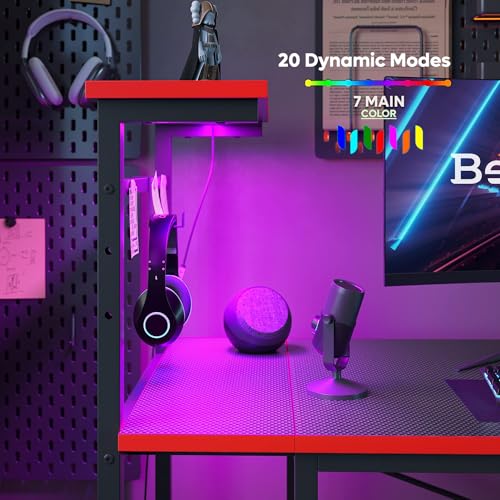 Image of Bestier Gaming Desk with LED Lights, 51.3 Inch Computer Desk with 4 Tiers Reversible Shelves, Gamer Desk with Side Storage Bag, Hooks and Height Adjustable Shelf (Black Carbon Fiber)