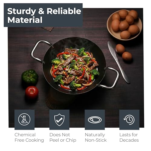 Image of Lifelong Carbon Steel (Iron) Kadhai 24cm | High Heat Stir Fry & Bhuna Kadhai with Stainless Steel Handle | Naturally Seasoned Non-Stick Surface | Induction & Gas Compatible | Lightweight Build