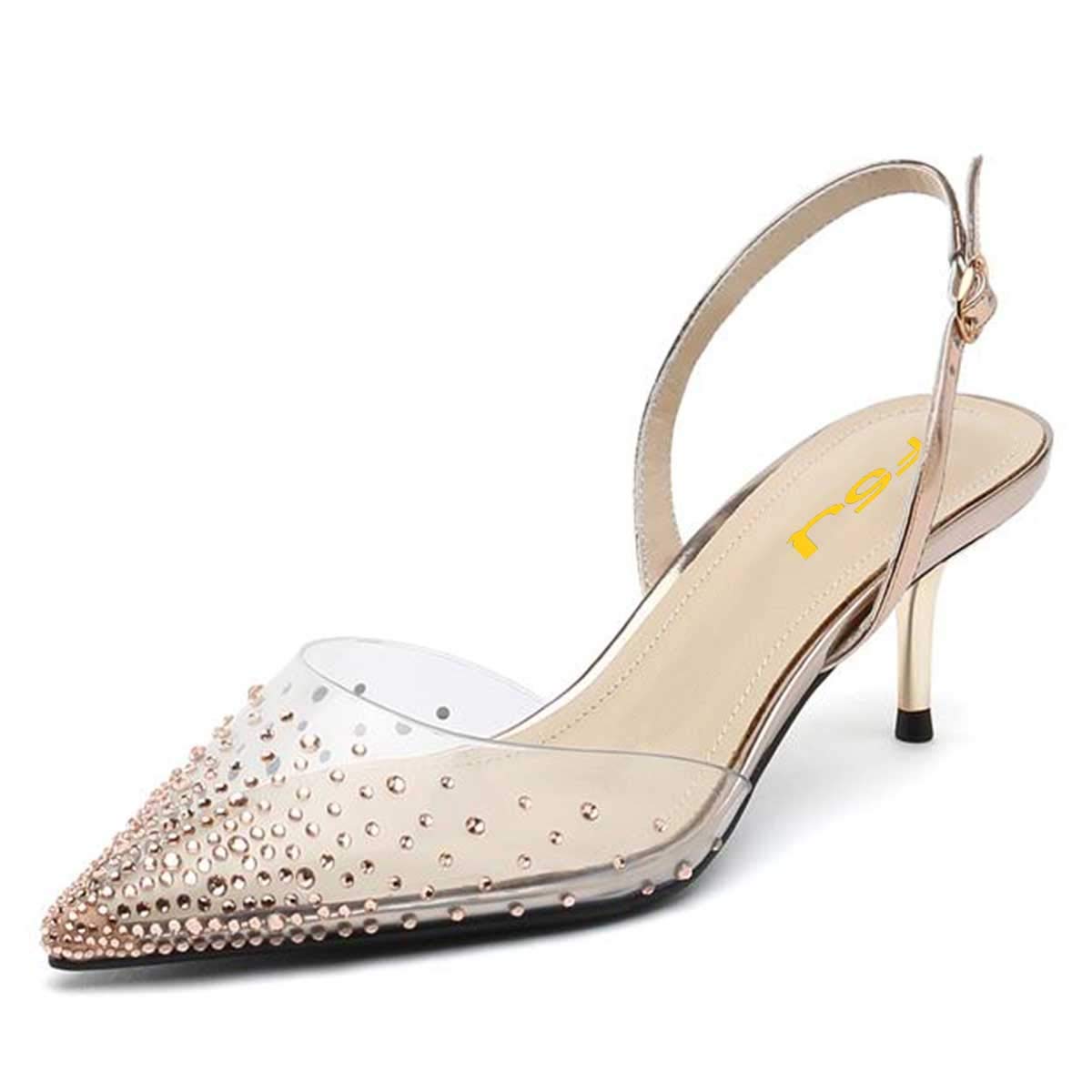 Pointed Toe Clear Pumps Low Heel Fsj Women Crystal Studded Clear
