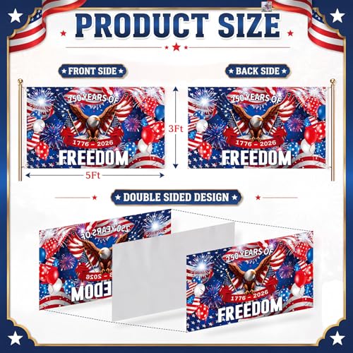 Ganeen 250th Anniversary Flag with Rope 3 x 5 ft Patriotic Flag Double Sided 250 Years of Freedom Flags with Grommets 1776-2026 Eagle Commemorative Banner Backdrop 4th of July Indoor Outdoor Decor — view 2