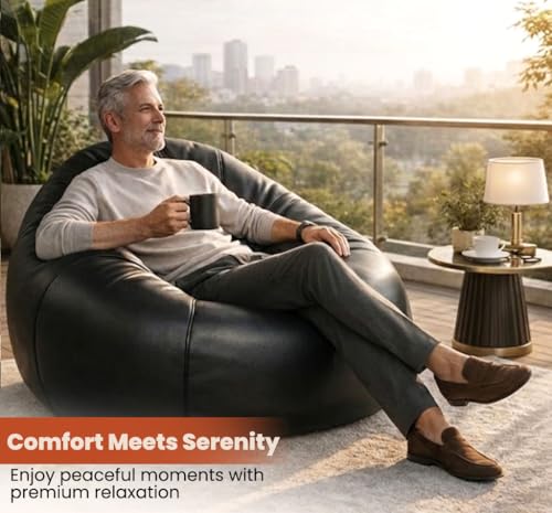 Image of Sattva Classic 2XL Bean Bag Chair with Beans Filled | Faux Leather Sofa Style Bin Bags with Beans Filling| Comfortable Seating for Adults & Teens, Home & Office - Black