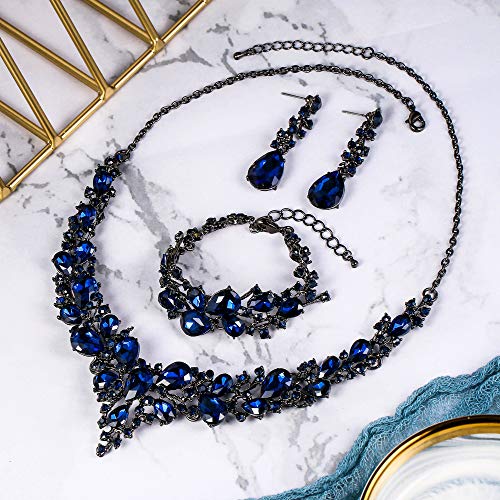 Brilove Wedding Bridal Jewelery For Women Austrian Crystal Teardrop Cluster Statement Necklace Dangle Earrings Link Bracelet Set Navy Blue Sapphire Color Black-Silver-Tone #TOP3