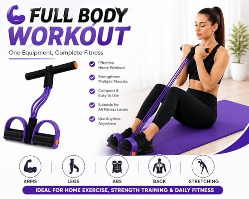 Image of Pedal Puller Resistance Band, 4 Tube Natural Rubber Pedal Exerciser for Home Workout, Full Body Exercise Equipment for Abs Arms Legs Stretching and Strength Training for Men & Women DD01