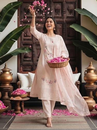 Image of INDO ERA Women's Floral Embroidered Straight Pure Cotton Kurta Pant with Dupatta Set