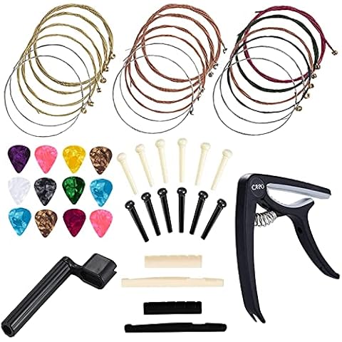 Anvin Acoustic Guitar Accessories Kit Guitar Strings Replacement Changing Tool Including Guitar Acoustic Strings, Picks, Capo, String Winder, Bridge Pins, Picks for Guitar Players Beginners (48 Pcs) Cover