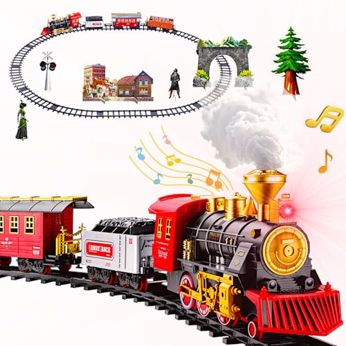 POCO DIVO Large Retro Steam Train Set, Christmas Deco Tree Rail Tracks Electric Toy, Locomotive Tender Passenger Cargo, Smoke Sound Light Play, Kids Boys Girls Model Gift Adult Classic Collection