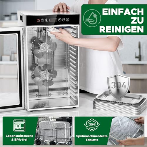 Kwasyo Gewerblicher Dörrautomat 18 Etagen, 800W Edelstahl Lebensmittel Dehydrator mit 360° Luftzirkulation, Große Kapazität für Fleisch, Obst, Gemüse, Kräuter