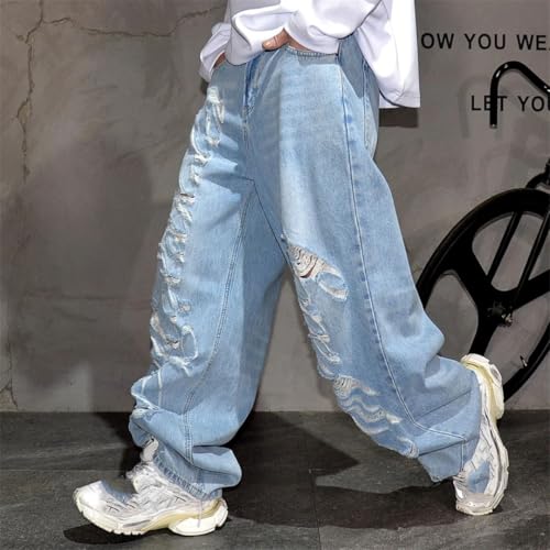 Men’S Hip Hop Baggy Straight Cotton Pants Button Fly Light Distressed Vintage Wash Ripped Streetwear Full Length Jeans4