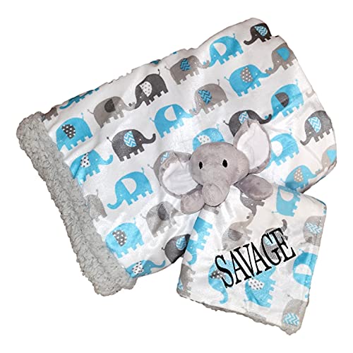 101 Beach Plush Elephant Security Lovey With Reversible Blanket Gift Set For Newborn Infant - Custom Personalized Embroidery Available (Blue Elephant Set With Embroidered Name) #TOP6