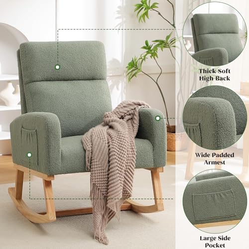 Image of HCHAIRH Rocking Chair Nursery, Boucle Teddy Nursing Rocking Chairs, Upholstered Nursery Glider Rocker for Mom Nursery Morden Accent Rocking Chair with Side Pocket for Living Room,Bedroom, Green