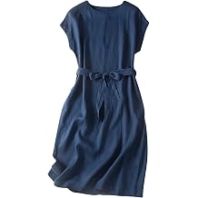 Womens Flowy Cotton Linen Dress Vintage Dresses Summer Beach Casual Loose Short Sleeve Crewneck Midi Dress with Belt