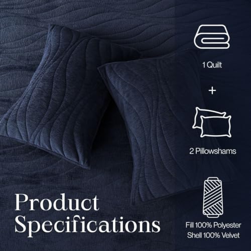 Image of DOWN HOME Crinkle Textured Velvet Quilt Set with Shams, All-Season Luxury Modern Bedding,Easy Care Comforter,Ultra-Soft,Lightweight & Breathable, Queen, Imperial Blue