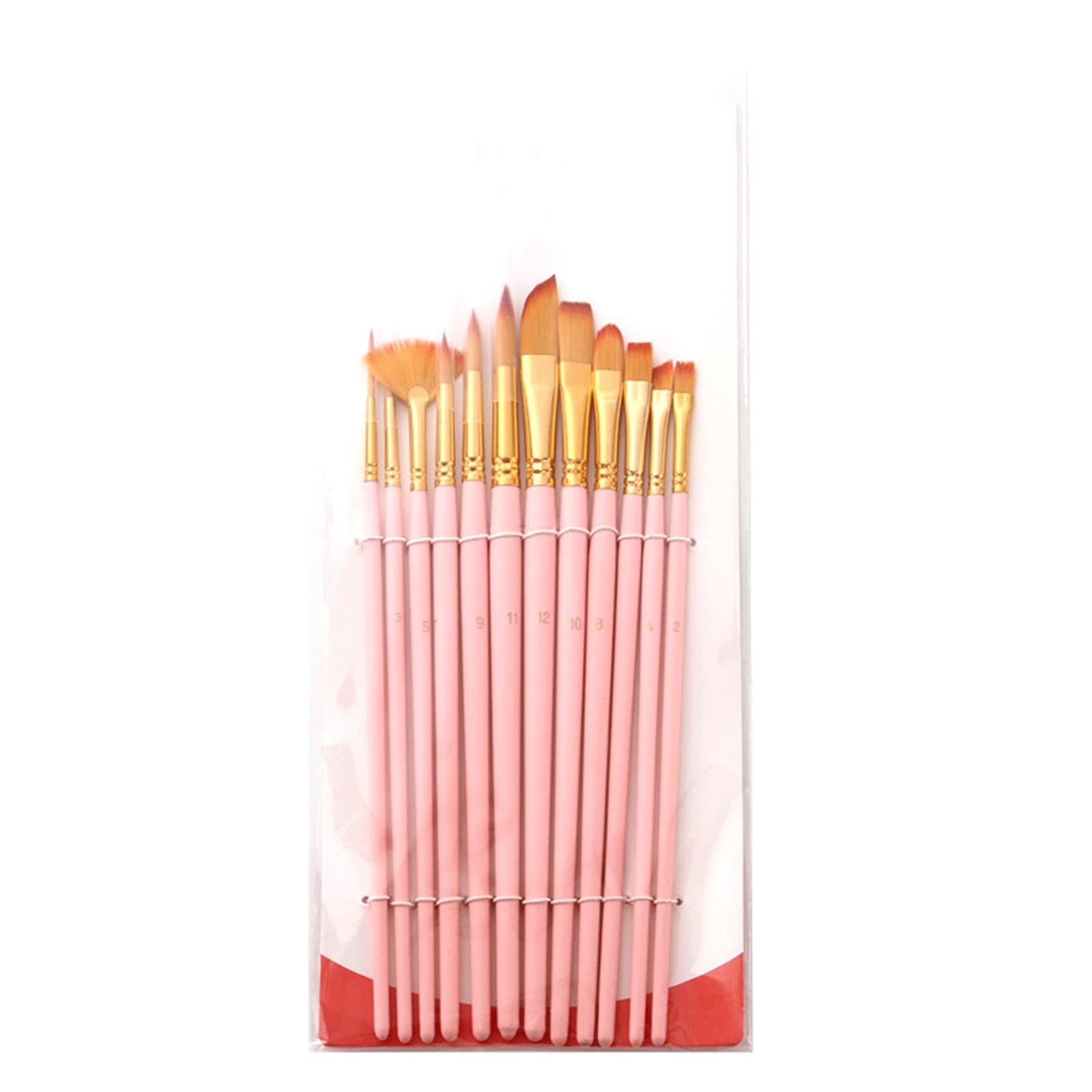 Juego de 12 Pinceles de Acuarela para Manualidades, con Mango de Madera y Pelo de Nailon, para Pintar al óleo, acrílicos, Acuarelas, lienzos, Manualidades,Pink