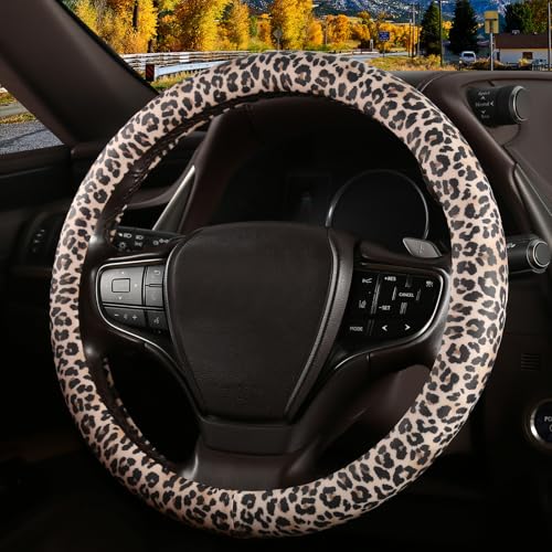 SthExtra Leopard Print Steering Wheel Cover with Silicone Inner Ring Non-Toxic Odorless Silicone Leather with Non-Fading Cheetah Pattern for Men Women Universal 14.5 to 15 Inch (Leopard Print)