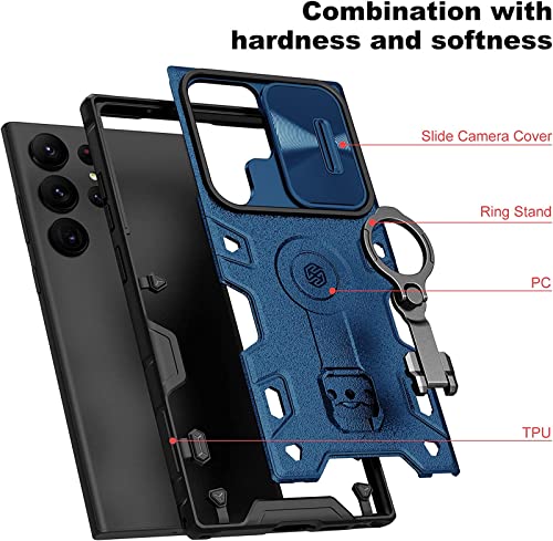 Image of Wefor Armor for Samsung Galaxy S23 Ultra Case with Kickstand & Camera Lens Cover, Shockproof Hard PC Back and Soft Silicone Bumper Hybrid Protective Cover for Galaxy S23 Ultra (Blue)