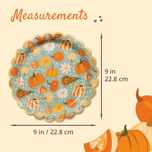 Image of Confettiville Thanksgiving Paper Plates, 50-Count Disposable Thanksgiving Dinner Plates, Scalloped, Party Supplies, Pumpkins, Mint Green